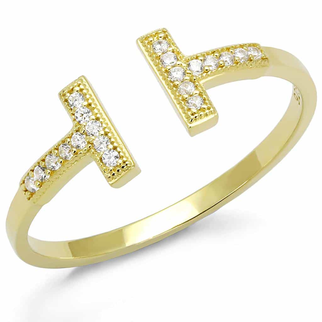 Sterling Silver Gold CZ Pave Double Cross T Bar Open Ring view 10