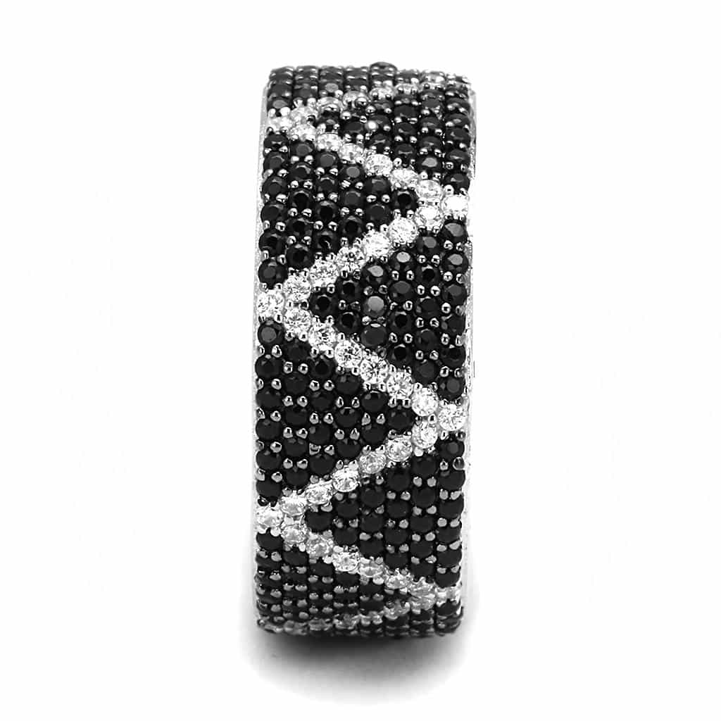 Sterling Silver Black White CZ Zigzag Chevron Wide Band Ring view 4