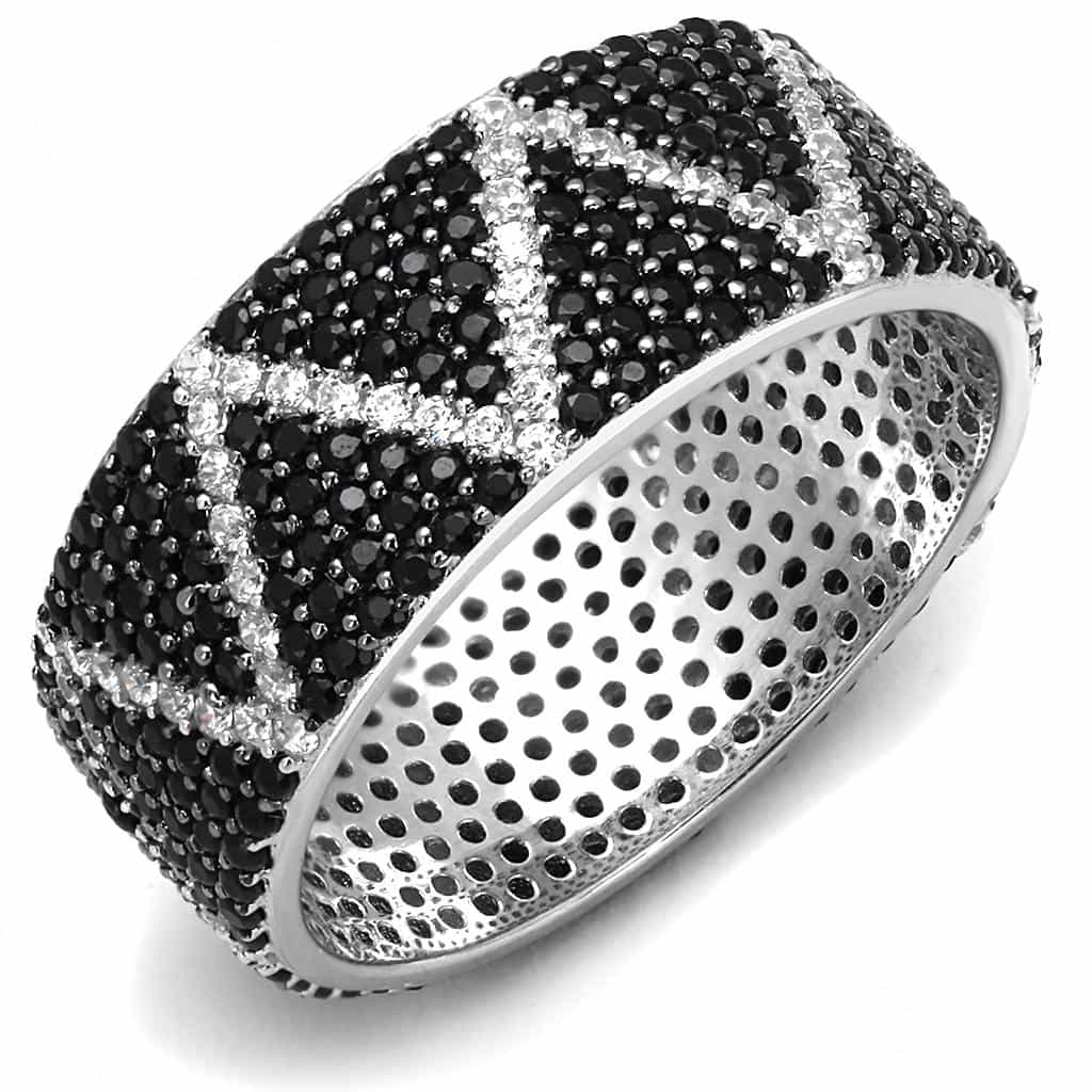 Sterling Silver Black White CZ Zigzag Chevron Wide Band Ring view 10