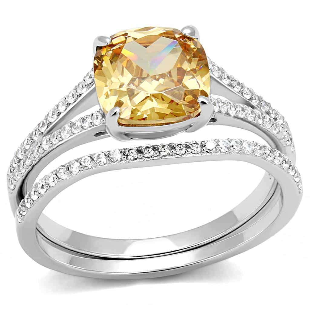Sterling Silver Champagne Citrine CZ Cushion Solitaire Pave Ring view 5