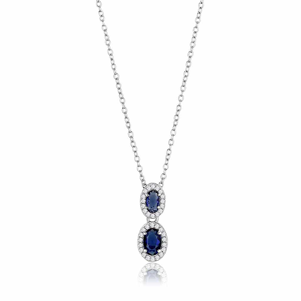 Sterling Silver Blue Sapphire CZ Triple Oval Halo Drop Pendant view 3