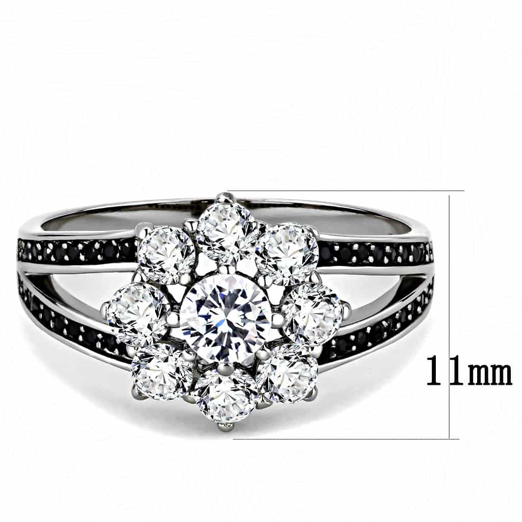 Sterling Silver Black Rhodium CZ Round Flower Cluster Halo Ring view 7