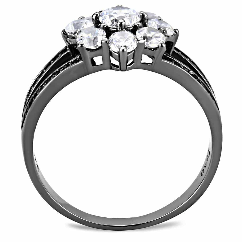 Sterling Silver Black Rhodium CZ Round Flower Cluster Halo Ring view 3