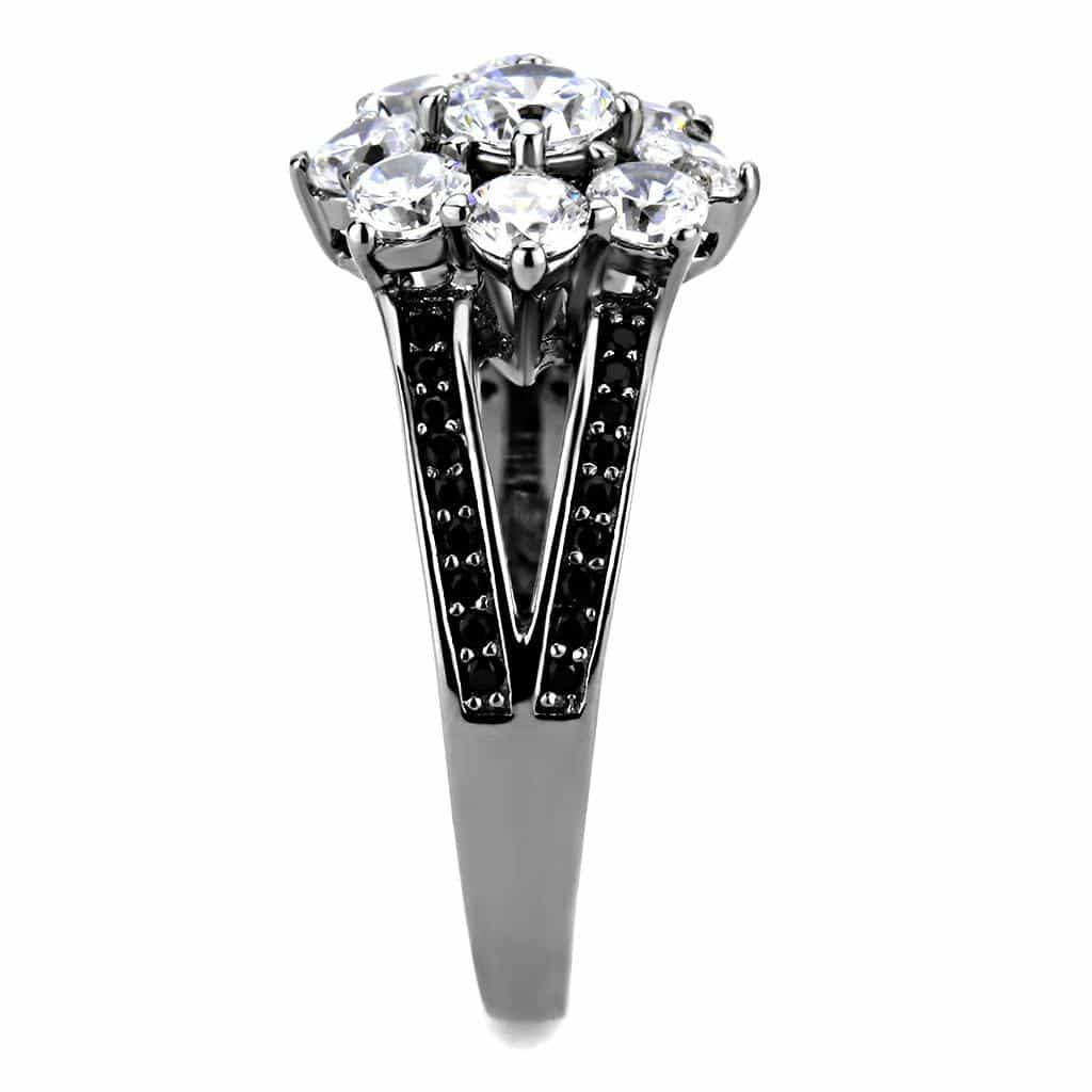 Sterling Silver Black Rhodium CZ Round Flower Cluster Halo Ring view 9