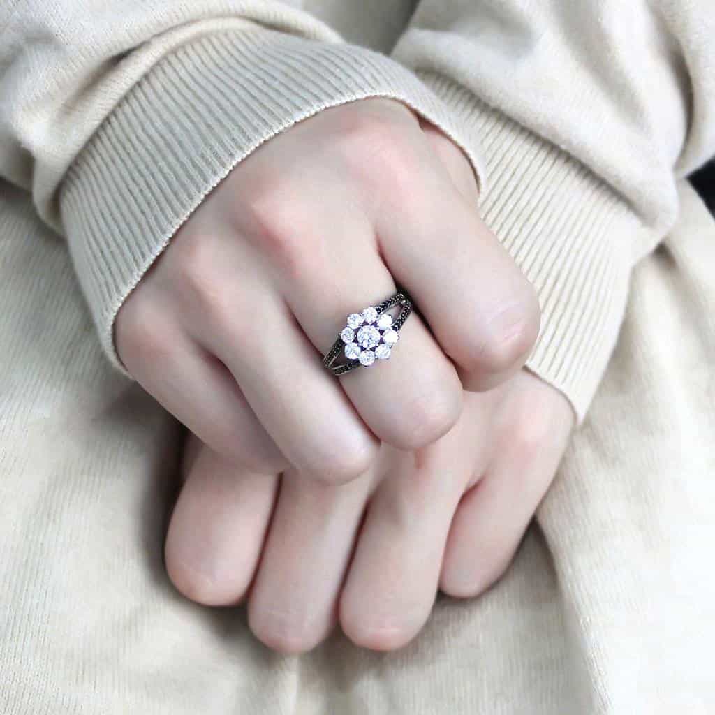 Sterling Silver Black Rhodium CZ Round Flower Cluster Halo Ring view 10