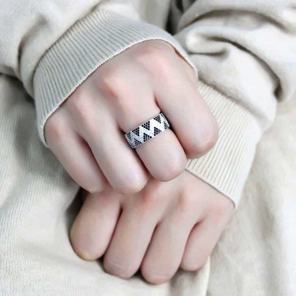 Sterling Silver Black White CZ Geometric Triangle Wide Band Ring view 10