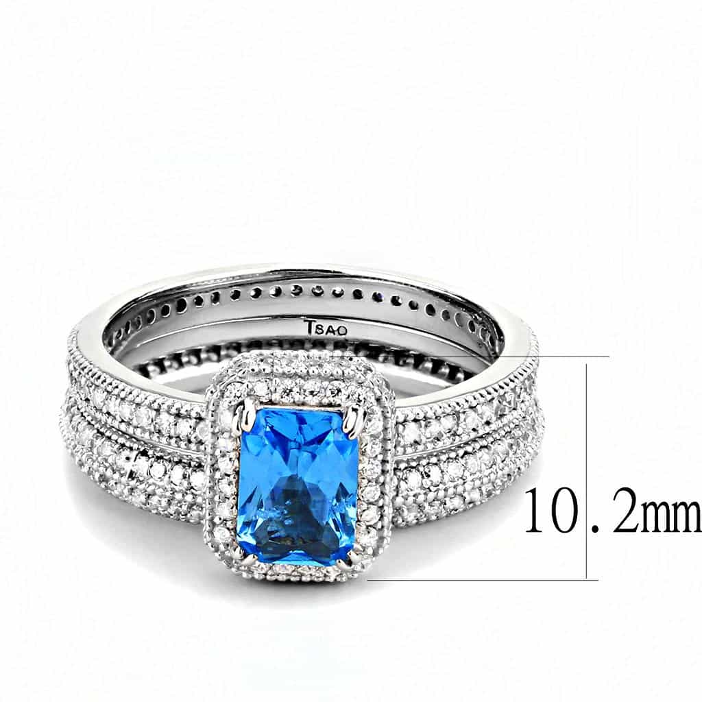 Sterling Silver Blue Topaz CZ Emerald Cut Halo Pave Bridal Ring view 7