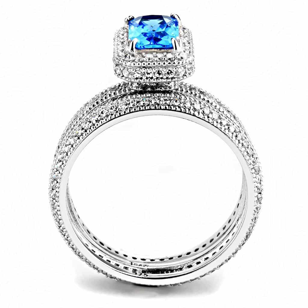 Sterling Silver Blue Topaz CZ Emerald Cut Halo Pave Bridal Ring view 3