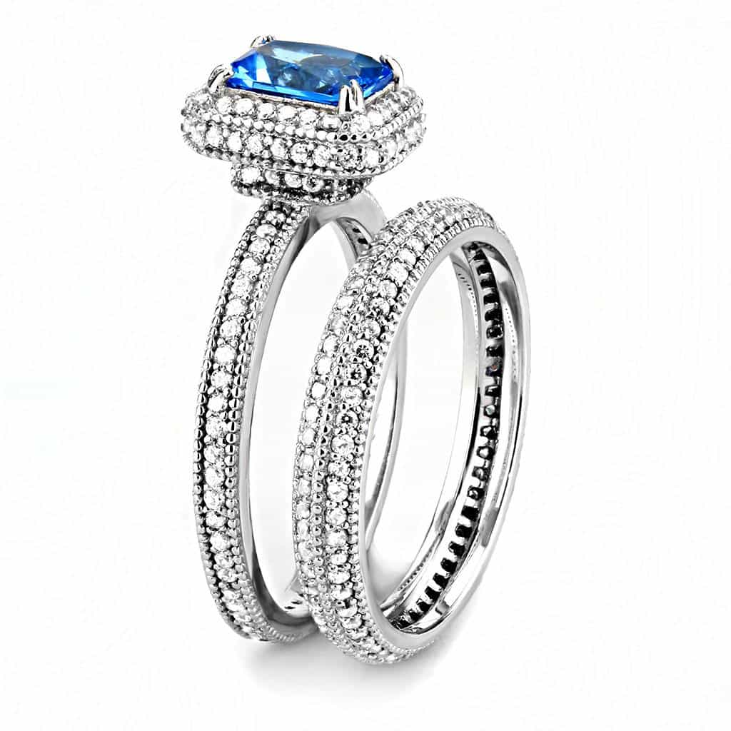 Sterling Silver Blue Topaz CZ Emerald Cut Halo Pave Bridal Ring view 4