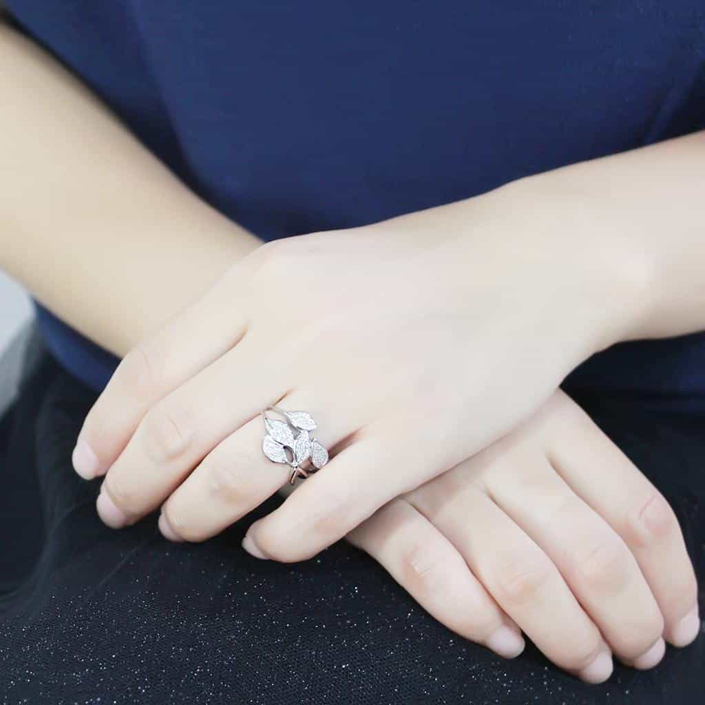 Sterling Silver CZ Pave Triple Leaf Open Ring view 12
