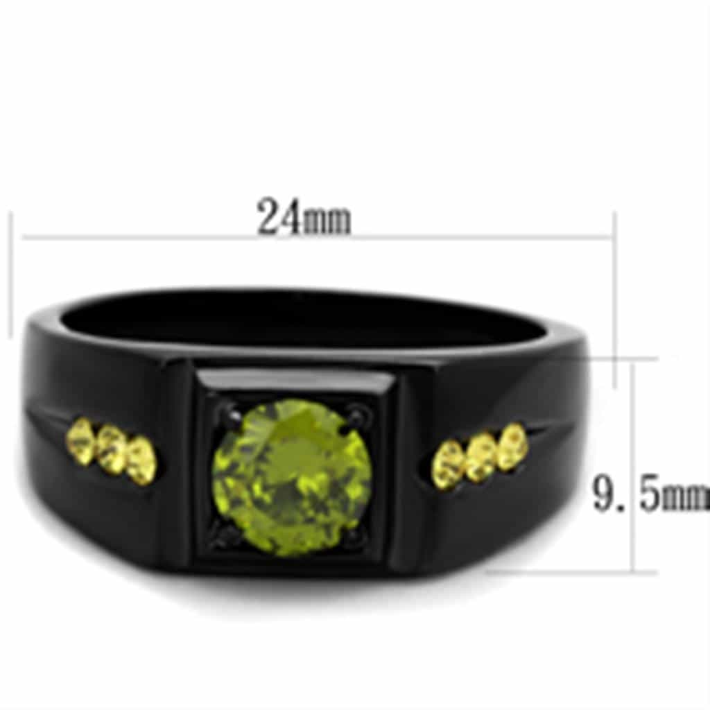 Stainless Steel Black IP Peridot Green CZ Yellow Accent Mens Ring view 2