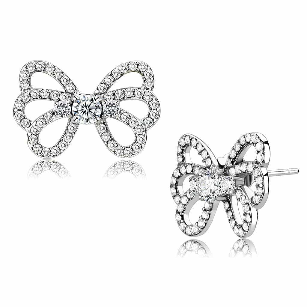 Stainless Steel CZ Pave Bow Ribbon Stud Earrings view 1