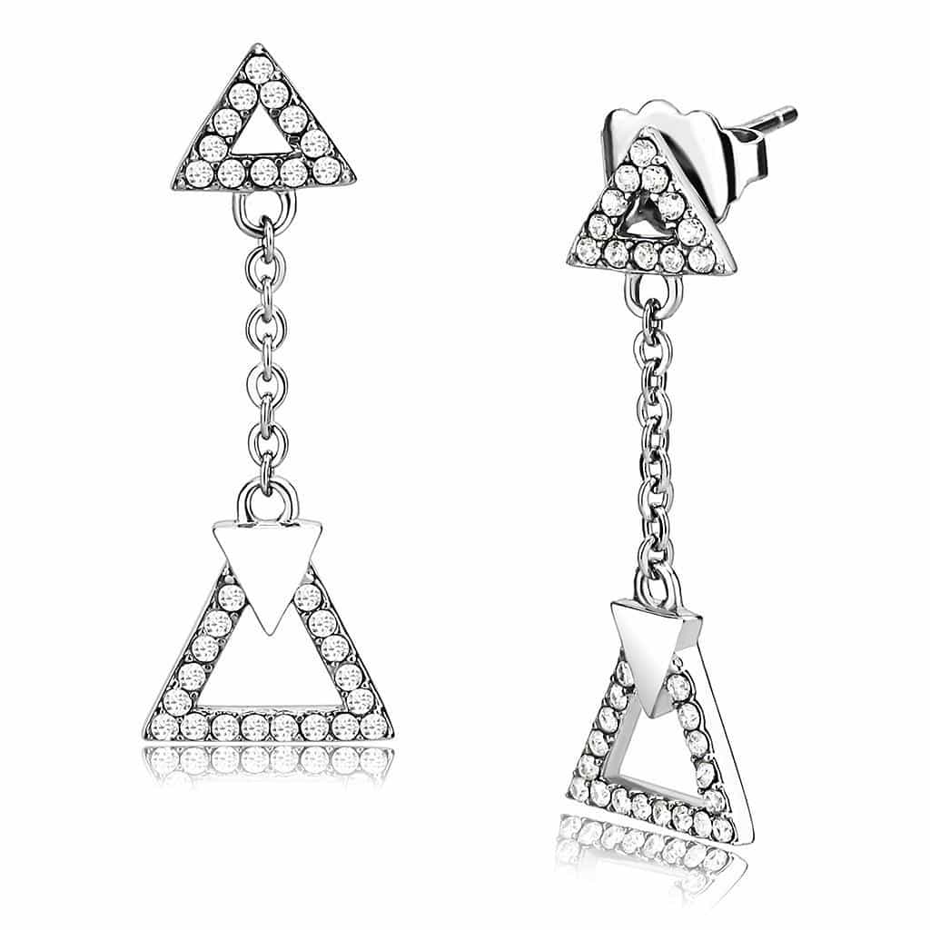 Stainless Steel CZ Pave Triangle Dangle Drop Earrings view 1
