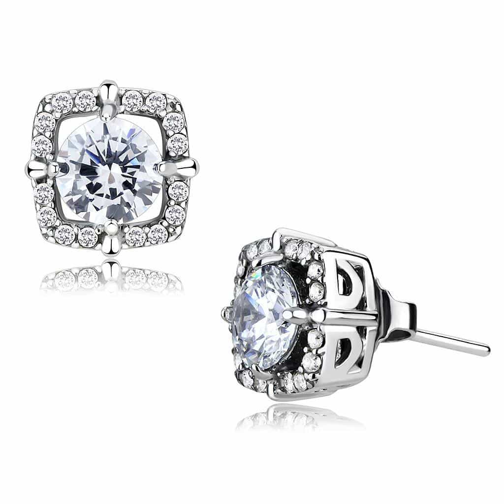 Stainless Steel CZ Square Cushion Halo Stud Ring view 1