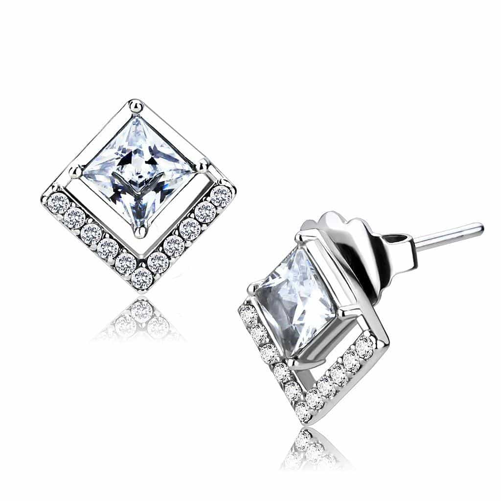 Stainless Steel CZ Princess Cut Diamond Frame Stud Earrings view 1