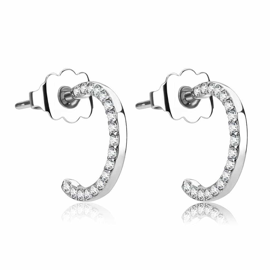 Stainless Steel CZ Pave C Hoop Stud Earrings view 1