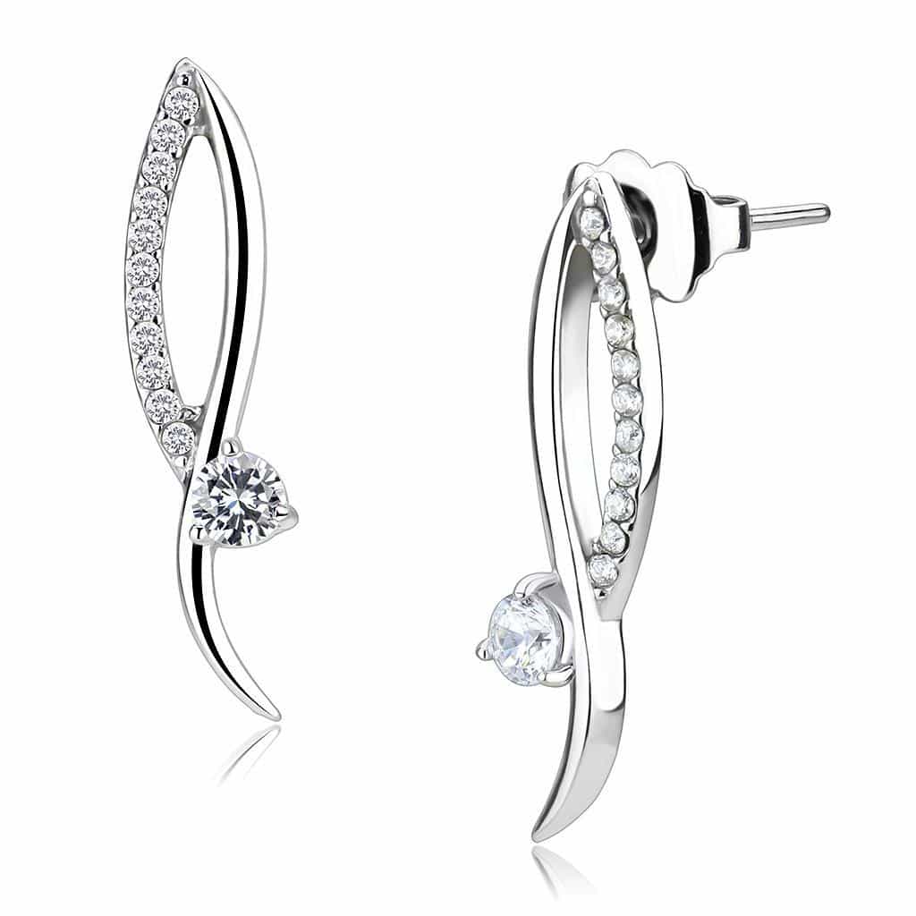 Stainless Steel CZ Pave Leaf Climber Ear Pin Earrings view 1