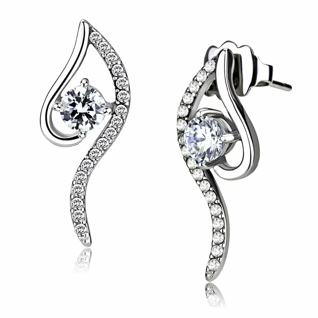 Stainless Steel CZ Round Pave S Wave Climber Studs Earrings view 1