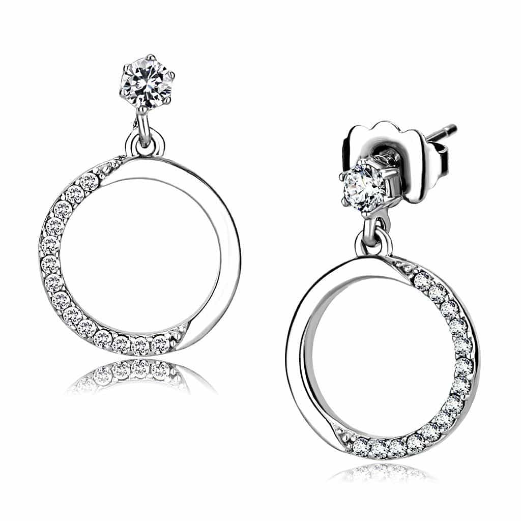 Stainless Steel CZ Round Pave Open Circle Drop Earrings view 1