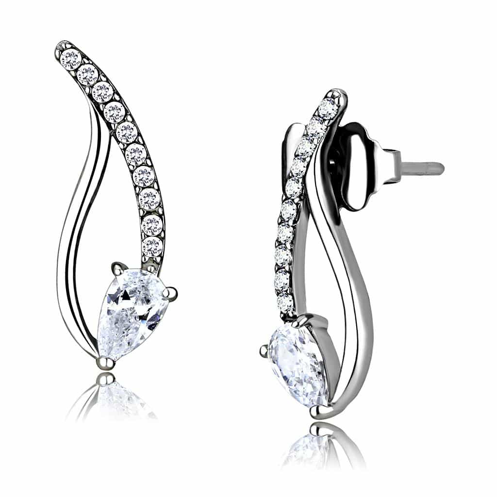 Stainless Steel CZ Pear Pave Wave Climber Studs Earrings view 1