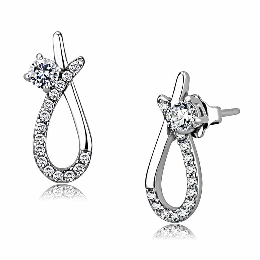 Stainless Steel CZ Round Pave Teardrop Loop Dangle Earrings view 1