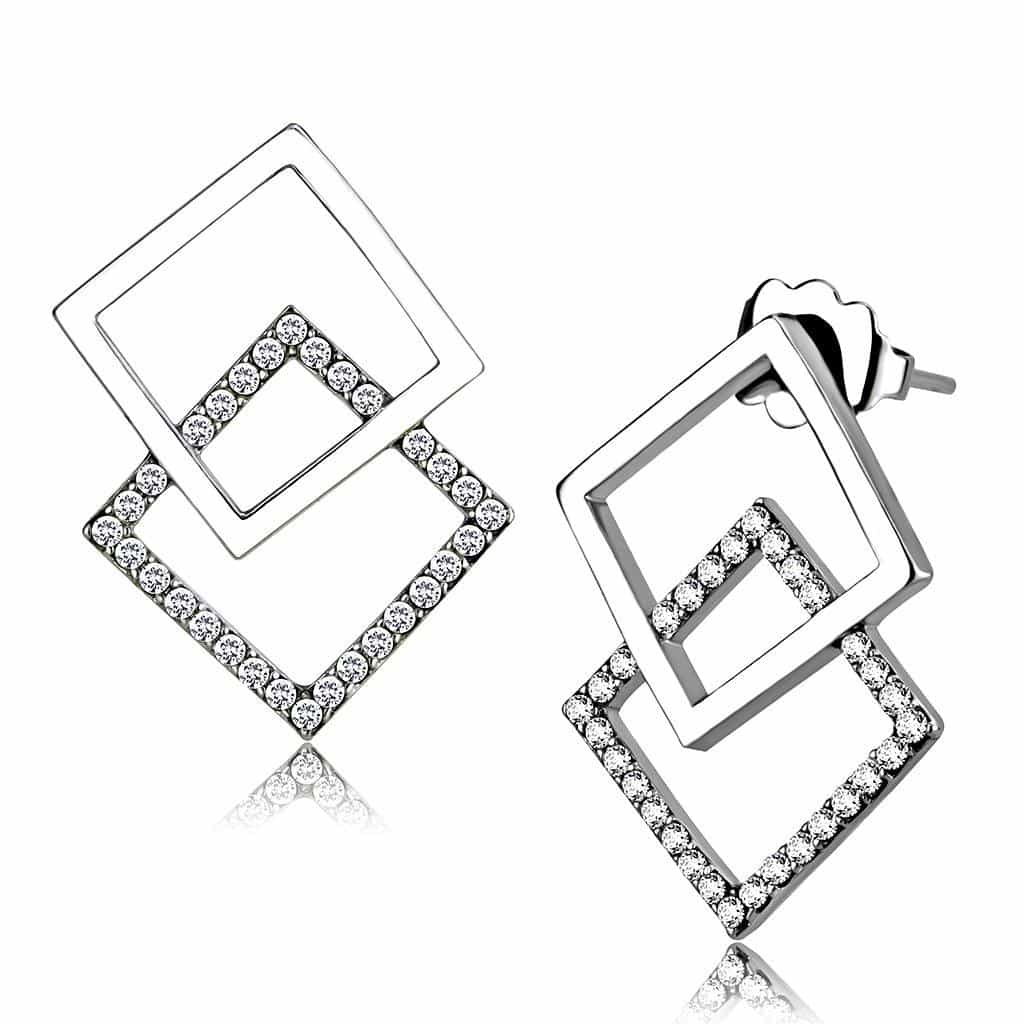 Stainless Steel CZ Pave Double Square Geometric Studs Earrings view 1