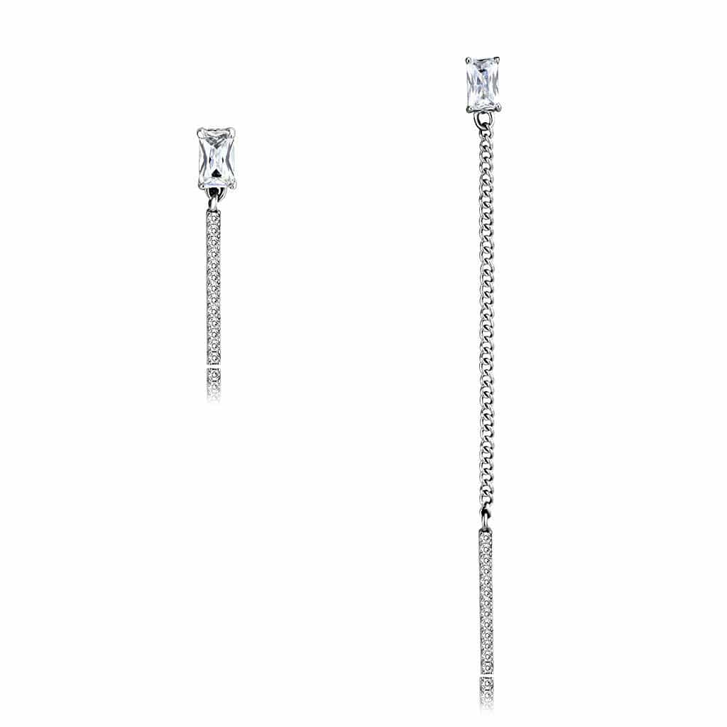 Stainless Steel CZ Princess Cut Pave Bar Long Drop Earrings view 1