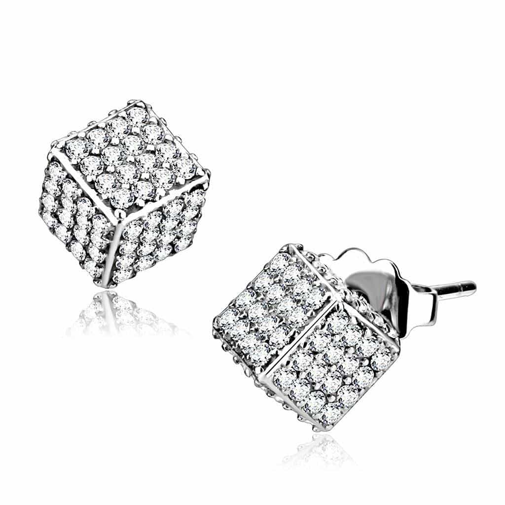 Stainless Steel CZ Pave 3D Cube Box Studs Ring view 1