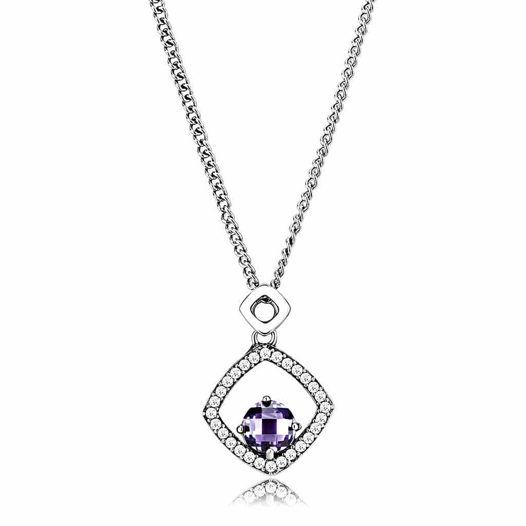 Stainless Steel Purple Amethyst CZ Pave Diamond Frame Pendant view 1