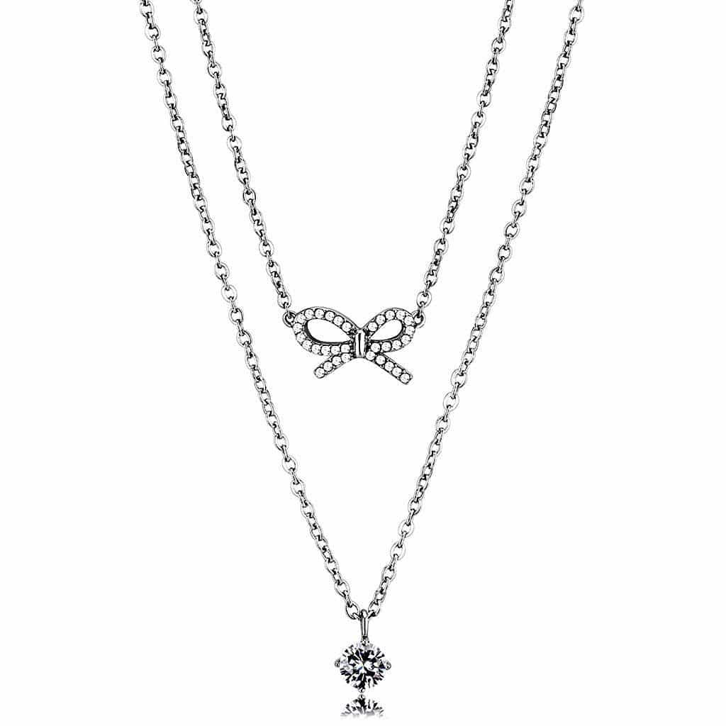 Stainless Steel CZ Round Solitaire Double Chain Layered Necklace view 1