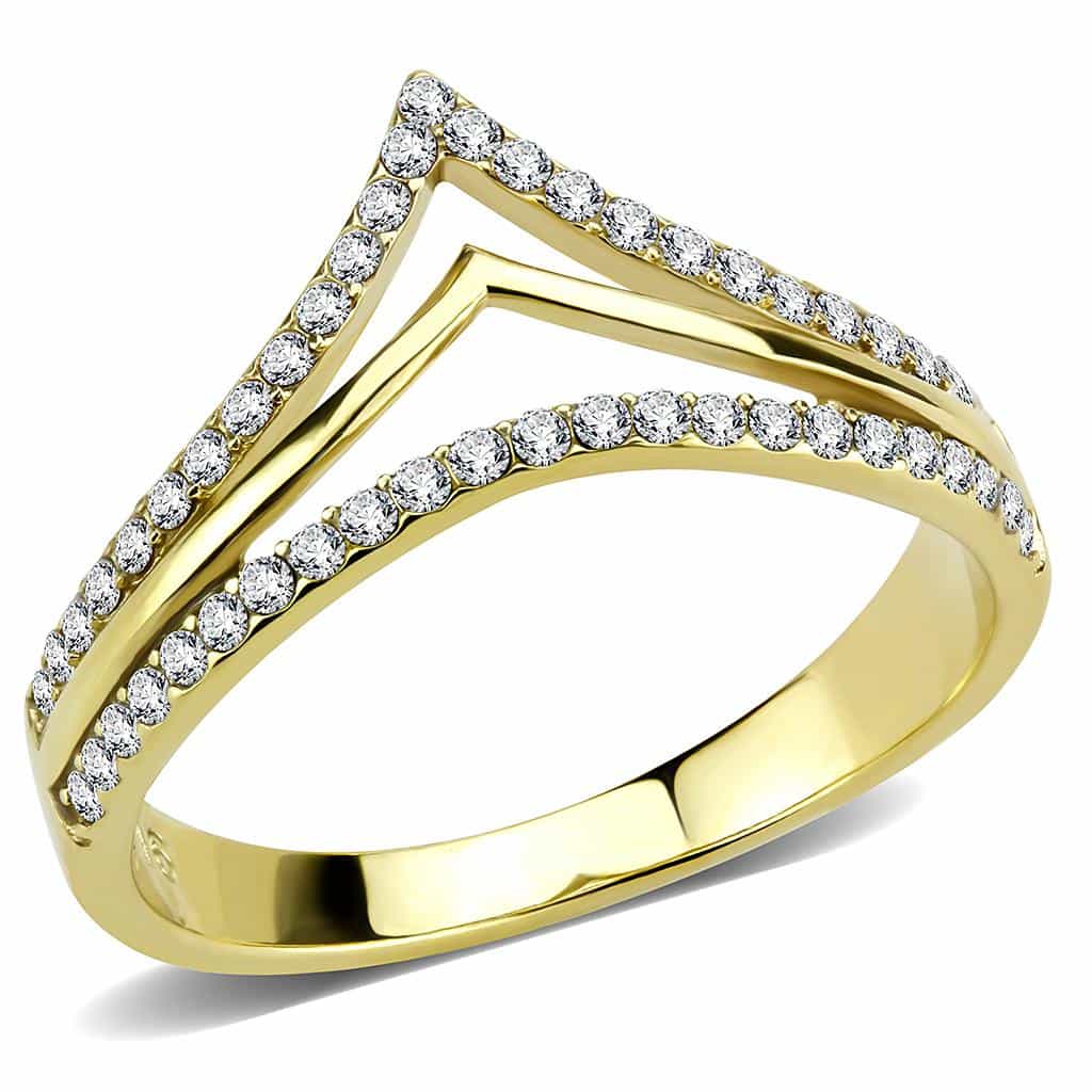 Stainless Steel Gold CZ Pave Double V Chevron Open Ring view 6