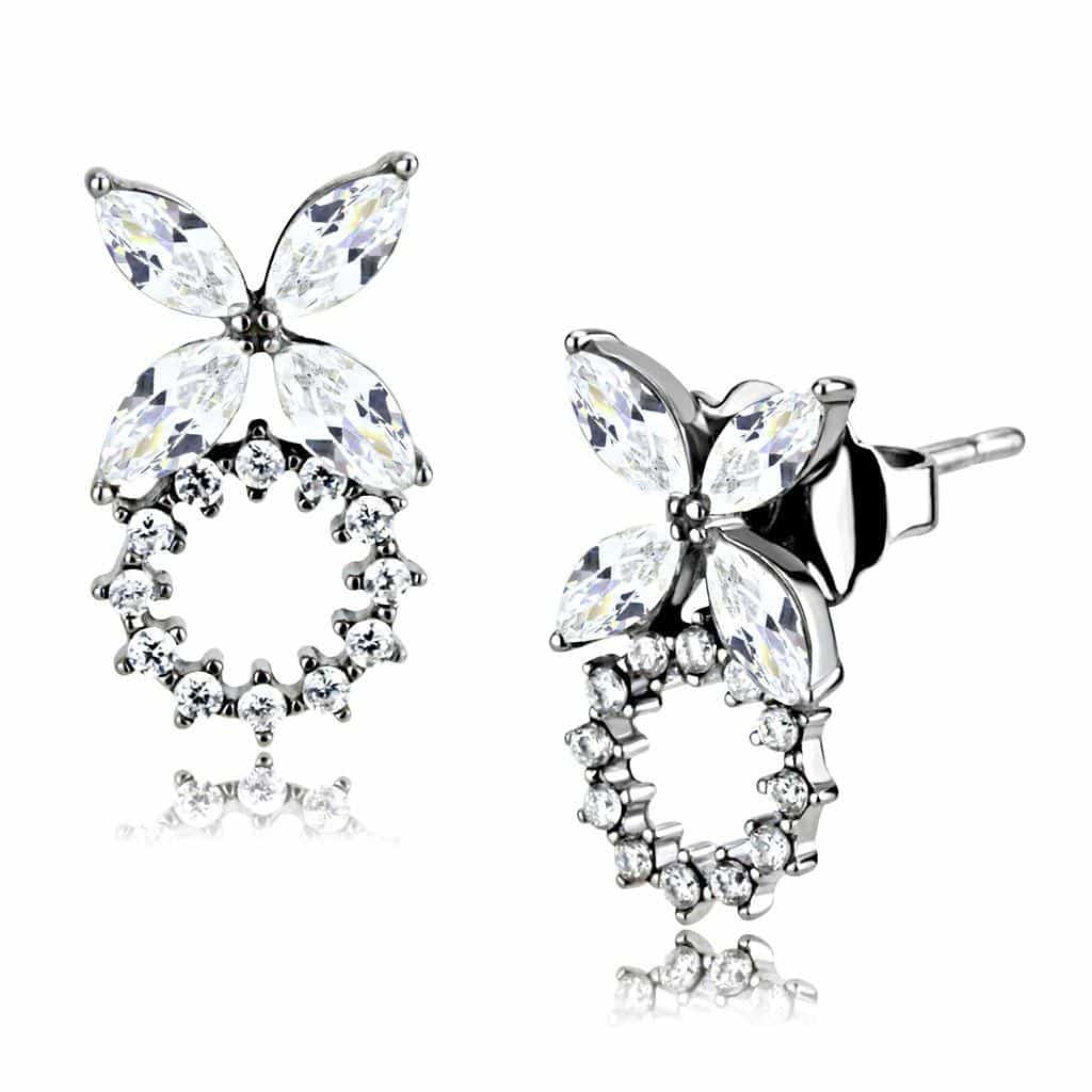 Stainless Steel CZ Marquise Butterfly Pave Circle Drop Earrings view 1