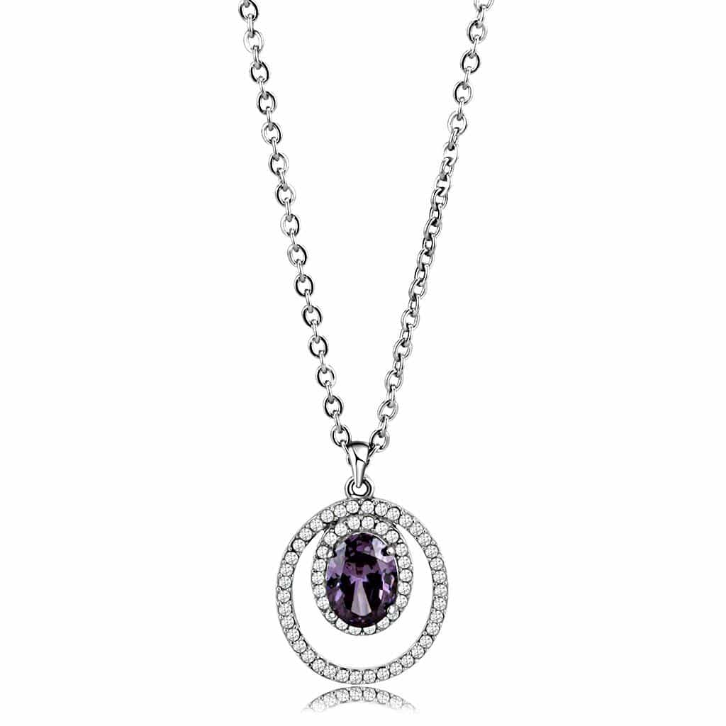 Stainless Steel Purple Amethyst Oval Pave Double Circle Pendant view 1