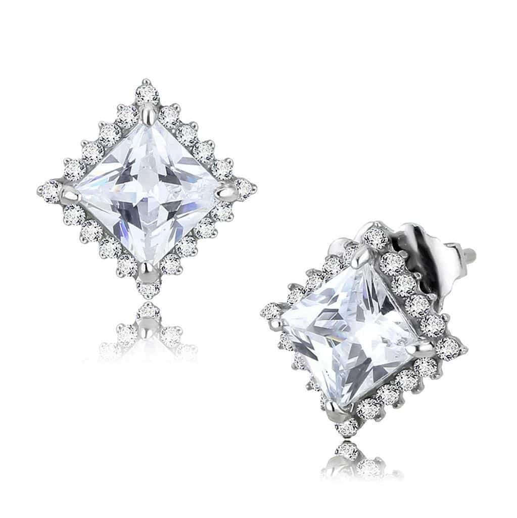 Stainless Steel CZ Princess Cut Pave Ornate Halo Drop Earrings view 1