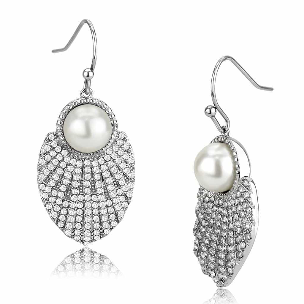 Stainless Steel Pearl CZ Pave Seashell Fan Dangle Drop Earrings view 1