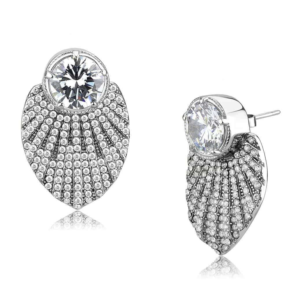 Stainless Steel CZ Round Pave Art Deco Fan Shell Studs Earrings view 1