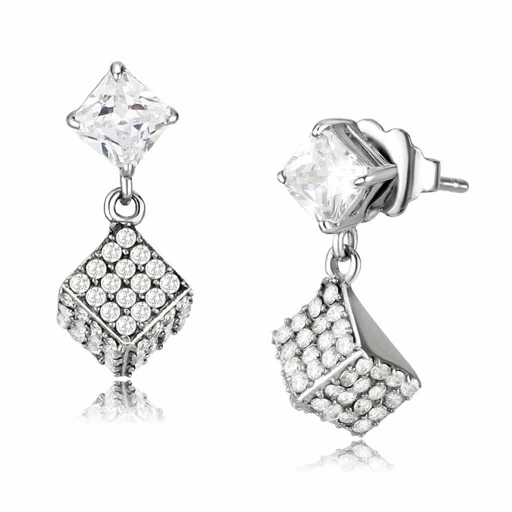 Stainless Steel CZ Princess Cut Pave Cube Diamond Drop Earrings view 1
