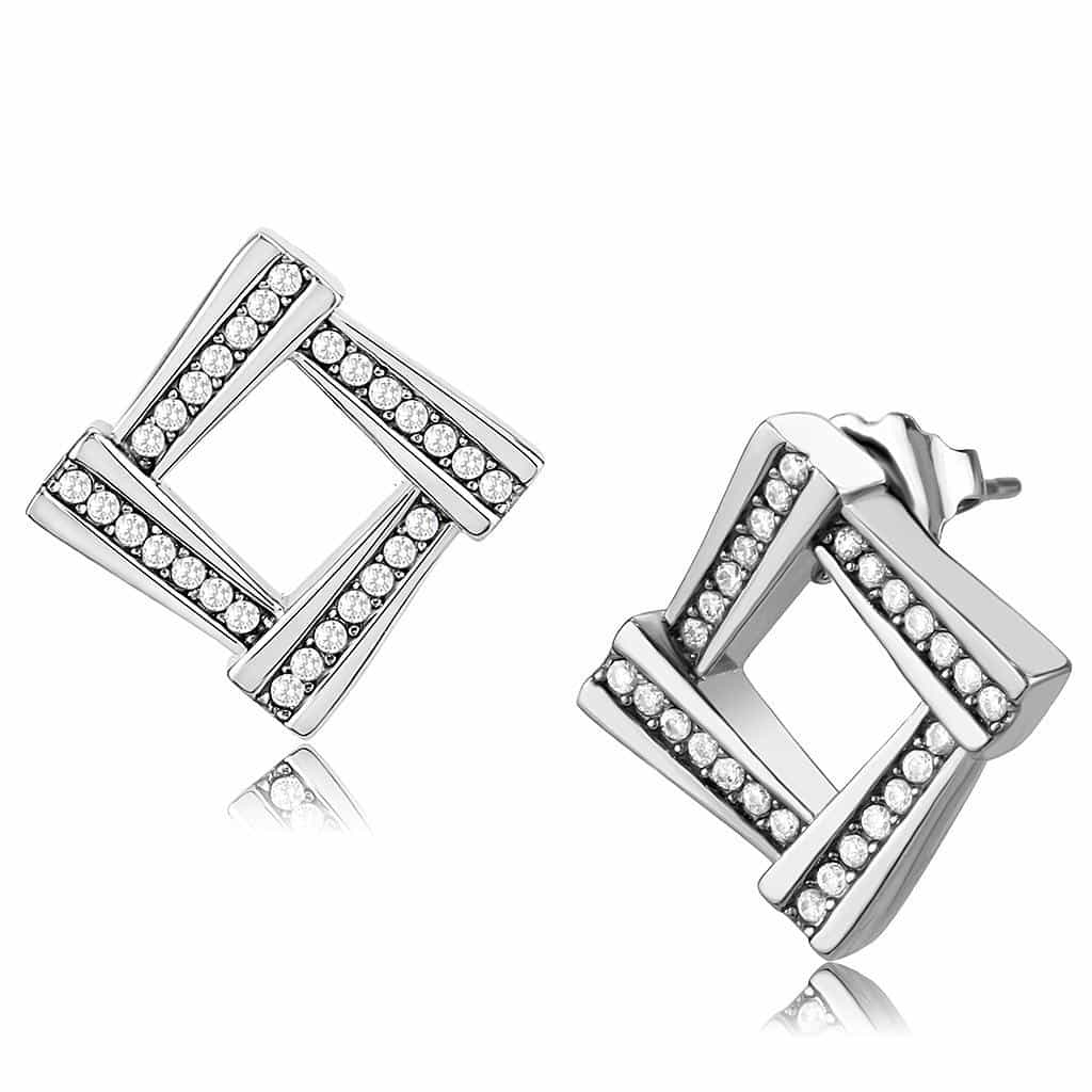 Stainless Steel CZ Pave Open Square Geometric Frame Earrings view 1