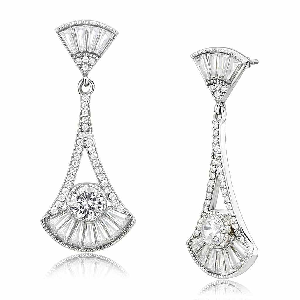 Stainless Steel CZ Round Baguette Art Deco Fan Triangle Earrings view 1