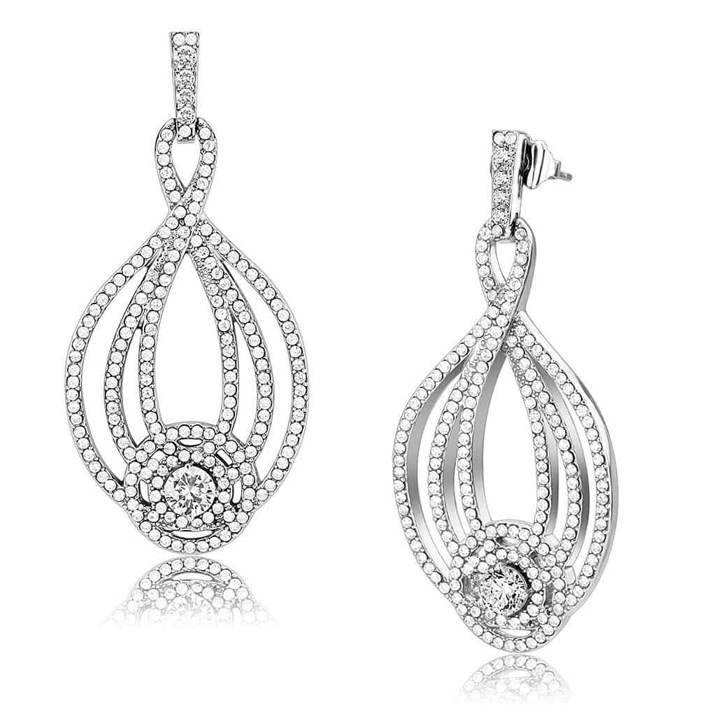 Stainless Steel CZ Round Pave Double Teardrop Chandelier Earrings view 1