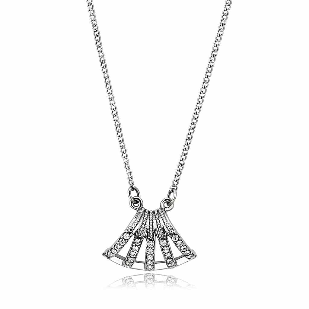 Stainless Steel CZ Pave Fan Shell Pendant Necklace view 1