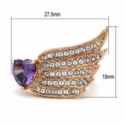 Brass Rose Gold Amethyst Heart CZ Angel Wing Cocktail Ring view 2