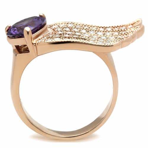 Brass Rose Gold Amethyst Heart CZ Angel Wing Cocktail Ring view 3
