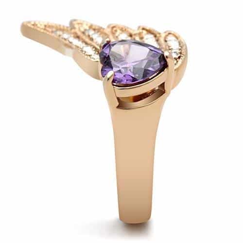 Brass Rose Gold Amethyst Heart CZ Angel Wing Cocktail Ring view 4