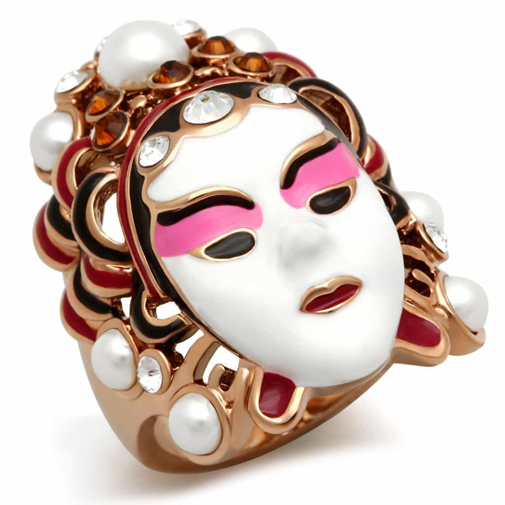 Brass Rose Gold Enamel Pearl CZ Theater Mask Cocktail Ring view 1