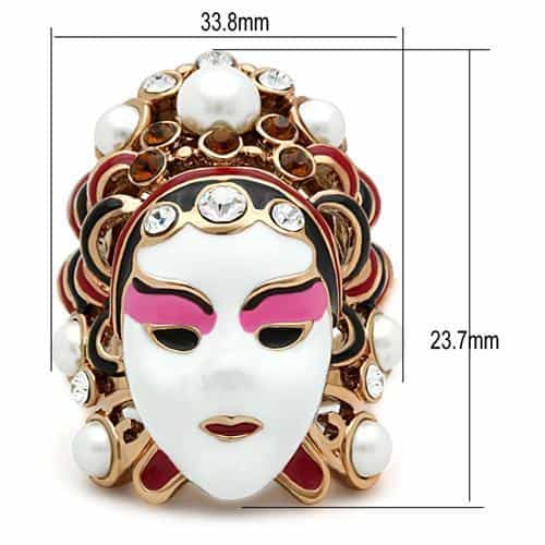 Brass Rose Gold Enamel Pearl CZ Theater Mask Cocktail Ring view 2