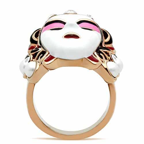 Brass Rose Gold Enamel Pearl CZ Theater Mask Cocktail Ring view 3