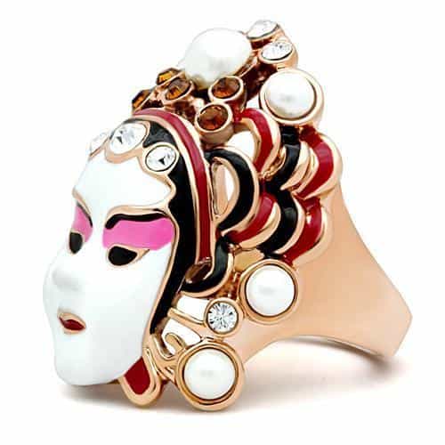 Brass Rose Gold Enamel Pearl CZ Theater Mask Cocktail Ring view 8