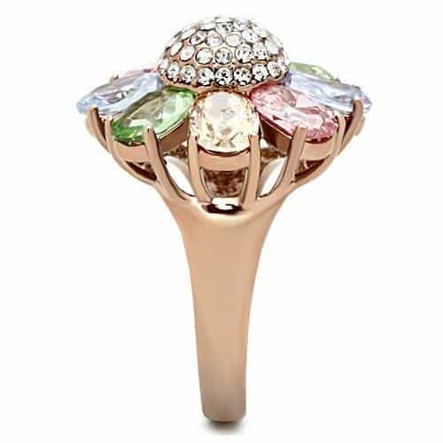 Brass Rose Gold Multi Color CZ Flower Petal Pave Cocktail Ring view 4