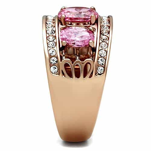 Brass Rose Gold Pink CZ Triple Oval Pave Filigree Wide Ring view 4